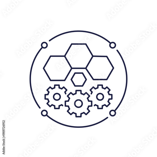 graphene polymer production icon in line design with molecule and gears