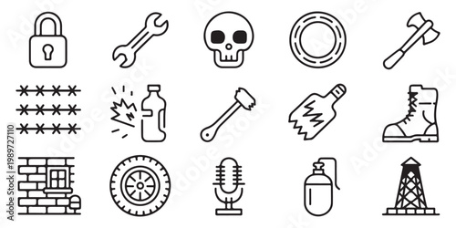 Survival and Post-Apocalyptic Line Icon Set