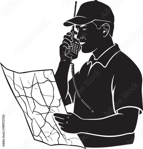 Man in silhouette talking on walkie-talkie while looking at map, depicting communication and navigation.