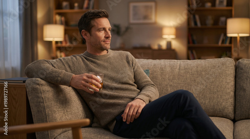 Man leaning against sofa with hot drink in cozy living room  