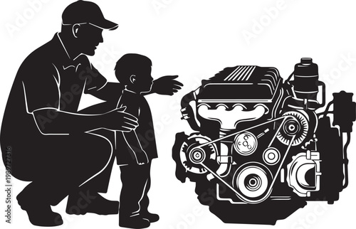 Man and child looking at engine, teaching mechanics and automotive engineering, father son bonding over car.