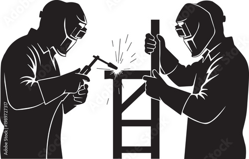 Two welders working on metal structure with sparks flying, industrial manufacturing and teamwork, skilled labor and construction.