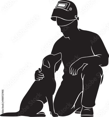 Welder in protective helmet kneeling with pet dog silhouette vector graphic with outline details on transparent background.