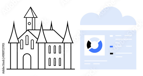 Data visualization concept. Data analytics in a cloud storage setting alongside castle architecture. Data management connects historical architecture and digital systems. For technology, storage
