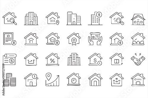 Real estate icons, property home investment symbols, housing market and mortgage UI