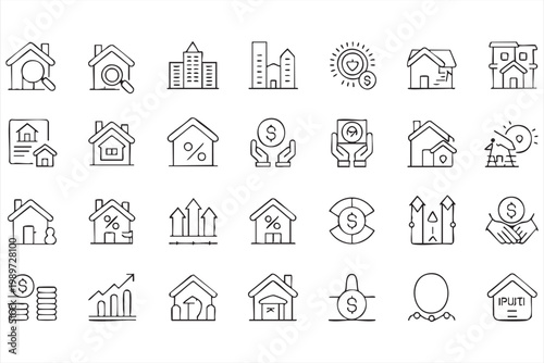 Housing icons, real estate property symbols, mortgage rent and sale UI set