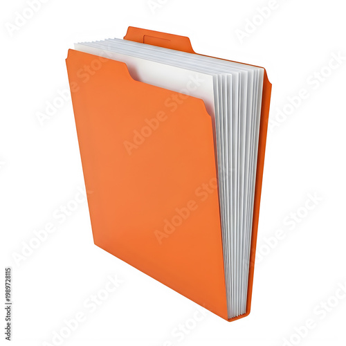 Bright orange file folder filled with blank white papers transparent background