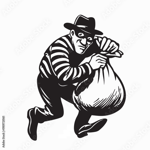 Criminal Thief Character Escaping With Sack Vector Illustration