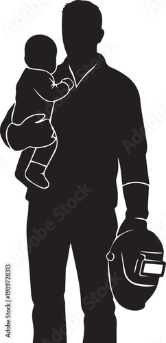 Welder holding baby and helmet silhouette illustration with white outline detail on transparent checkered background.