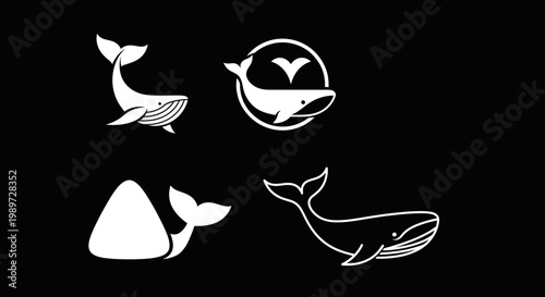 Set of minimalist white whale icons and logo designs on a black background, representing marine life and ocean concepts in graphic art.