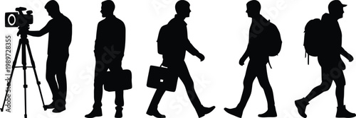 Silhouette of men walking and a cameraman with tripod isolated on transparent background