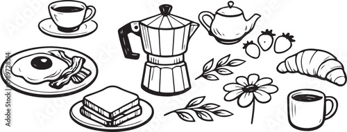 Blue and white line art vector of breakfast set with moka pot coffee maker, croissant, eggs, bacon, toast, and strawberries.