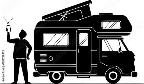 A person searching networek near camper van silhouette.