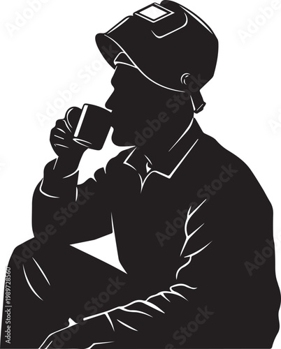 Silhouette of a welder wearing a helmet and drinking coffee from a mug while sitting down after work break.