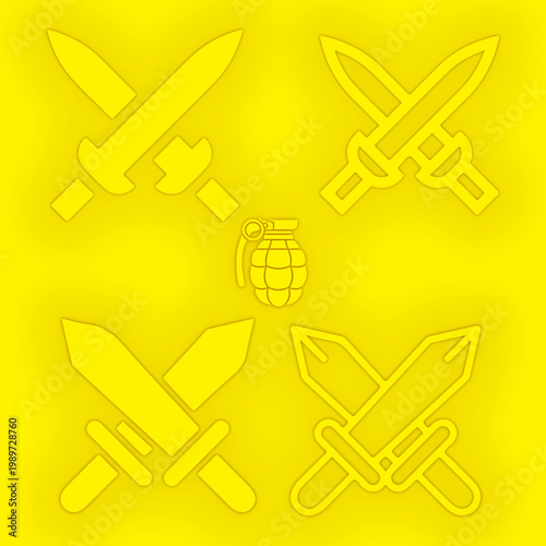 Minimalist yellow design featuring swords and grenade outlines.