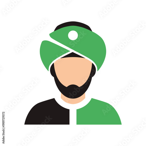 Illustration of a person wearing a turban and traditional attire with green accents
