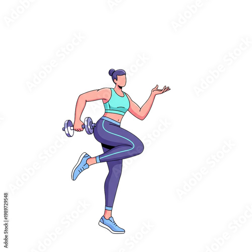 Woman holding dumbbell in athletic pose for fitness.
