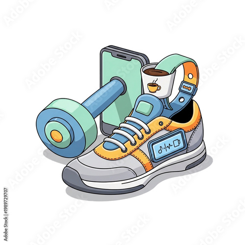 Fitness and Health Technology Concept with Shoe Dumbbell and Coffee.