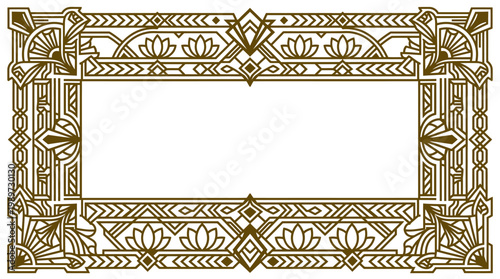 Art Deco Decorative Frame Border with Lotus Flowers and Geometric Patterns