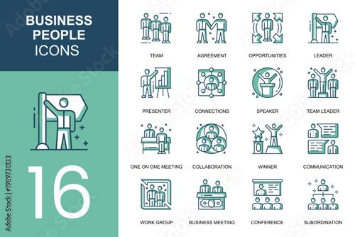 Business people thin line icons set, company management outline pictograms, team leader vector illustrations.
