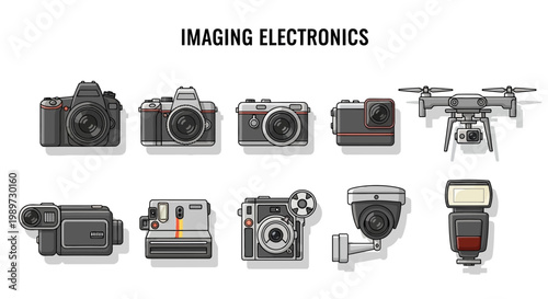 Collection of various camera equipment.