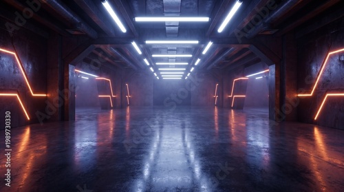futuristic industrial corridor with orange and white neon lights reflecting on the wet floor