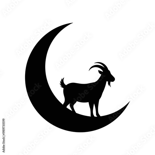 Silhouette of a goat standing beneath a crescent moon