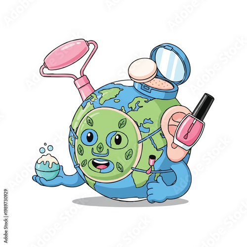 Earth Character with Skincare and Makeup Accessories.