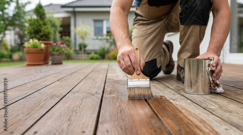 Man staining wooden deck with brush in outdoor home environment  