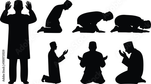 Muslim prayer silhouettes diverse poses isolated on transparent background