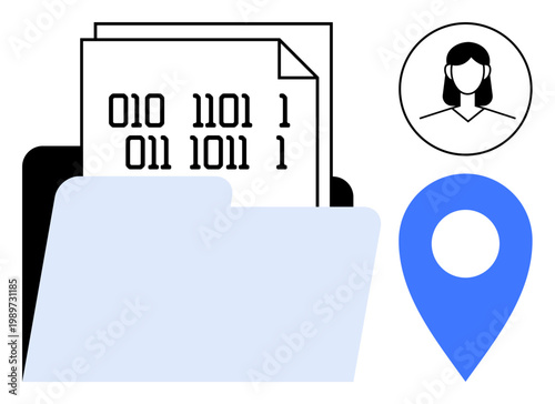 Data privacy, identity verification, user data, cybersecurity, geolocation, digital records. A folder with binary code and a location pin alongside a profile icon. Data privacy and identity