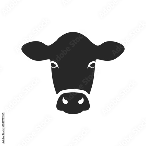 Simple black and white illustration of a cow's face looking forward