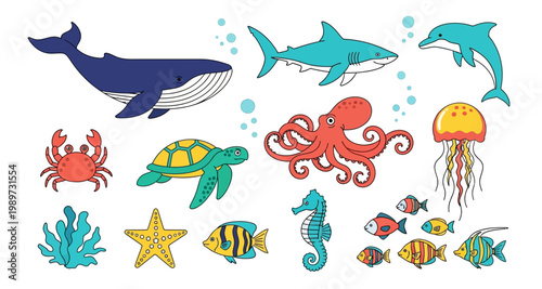 Colorful cartoon illustration featuring various marine life including whales sharks and jellyfish