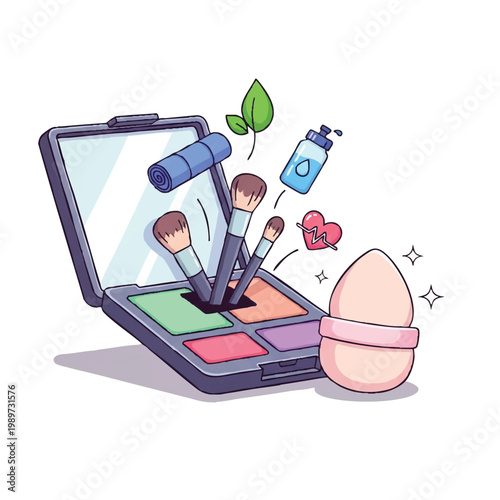 Cosmetic makeup palette with brushes and beauty blender.