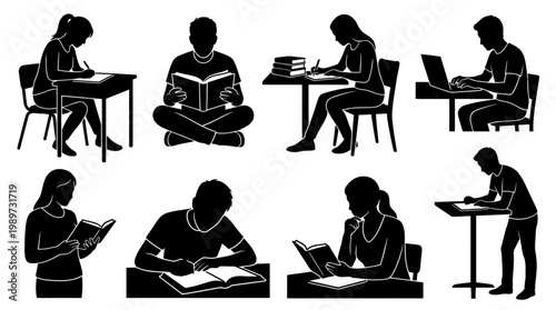people reading writing studying silhouettes