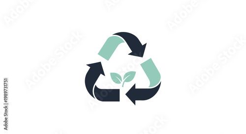 Recycling symbol with green leaf.