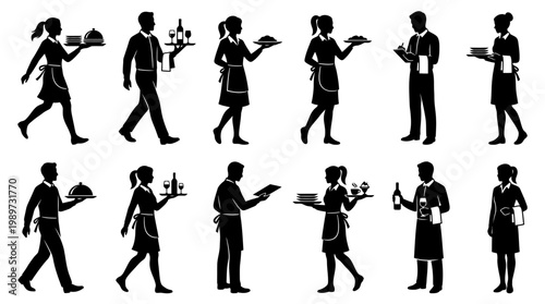 Waiters and waitresses in various serving poses
