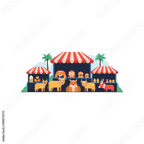 Colorful circus with whimsical animal performers under striped tents