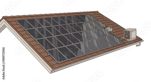 Solar panels on a roof with brown tiles and a vent