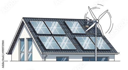 Eco friendly house with solar panels and wind turbine roof