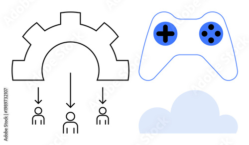 Gaming technology, teamwork, cloud gaming, digital collaboration, entertainment industry, game development tools. Gear with team icons, cloud and controller visuals. Gaming technology and teamwork