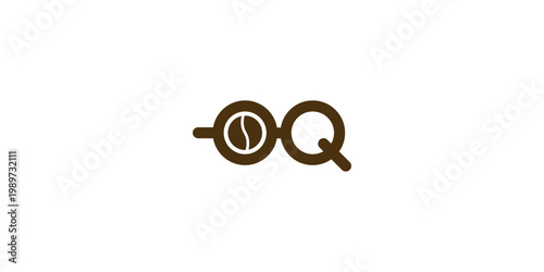 A minimalist brown logo combining eyeglasses with a coffee bean lens and the letter Q on a white background.