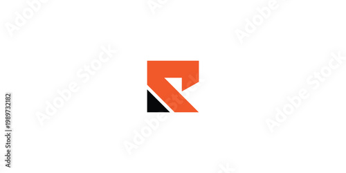 A modern and geometric letter R logo design in orange and black on a white background.