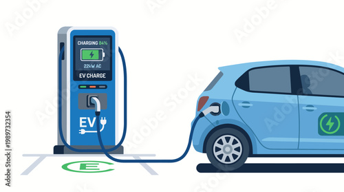 Electric car charging at station with blue compact vehicle illustration