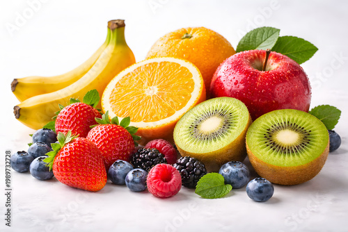 Fresh assorted fruits including bananas, oranges, apples, and berries  