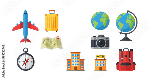 Travel icons depicting airplanes globes passports and various destination elements