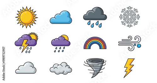 Colorful weather icons depicting various atmospheric conditions and phenomena