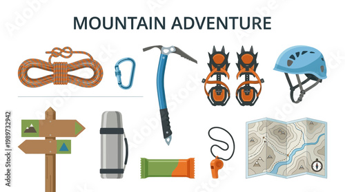 Foto Mountain Adventure Equipment Collection Flat Design.