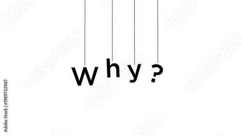 糸で吊り下げされた「Why?」の文字。テキストアニメーション。