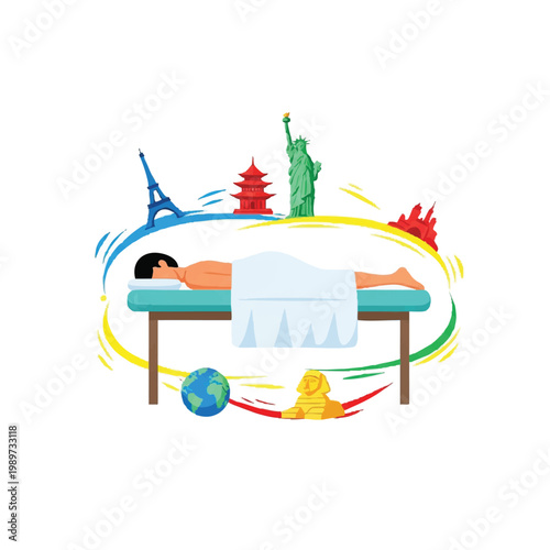Person receiving massage therapy with world landmarks around them.